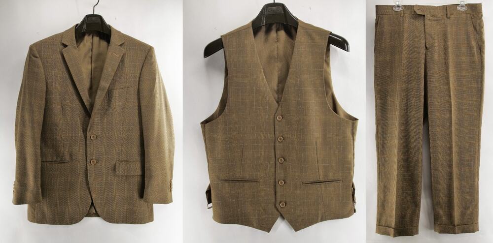 Bocaccio Uomo Mens 3 Piece Suit 40S Jacket 34x29 Pants Brown Glen Plaid Vest Set